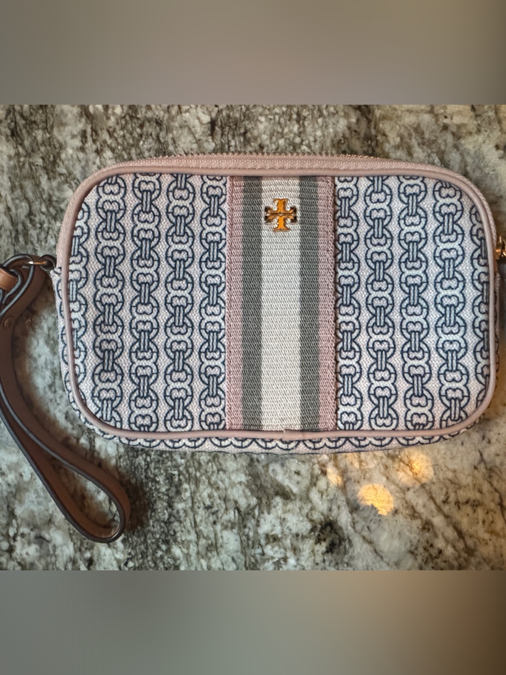 Tory Burch Pink and Blue Chain-Print Wristlet Pouch
